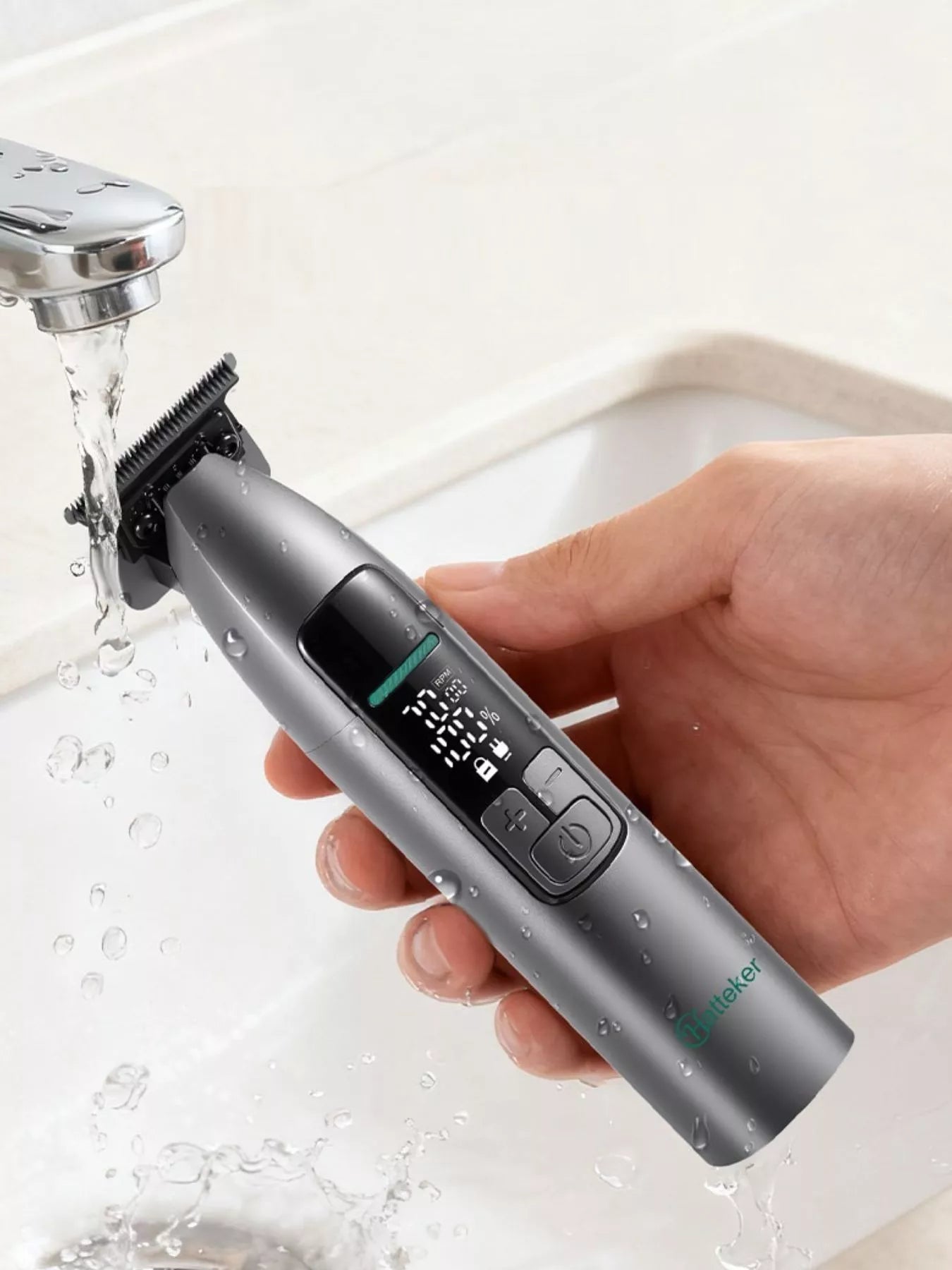 Dark gray cordless hair clipper with LED display from Trendsi, showcasing a sleek, portable design for easy hair trimming.