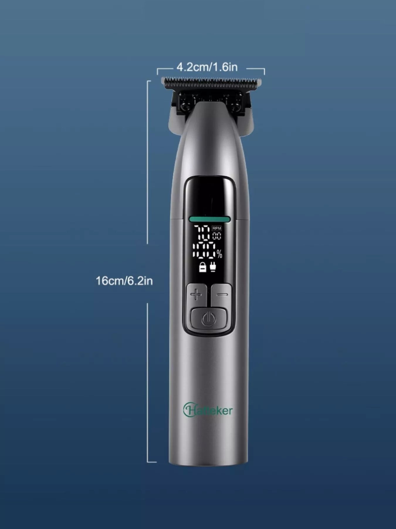 Dark gray cordless hair clipper with LED display from Trendsi, showing adjustable blades and ergonomic design for easy grooming.