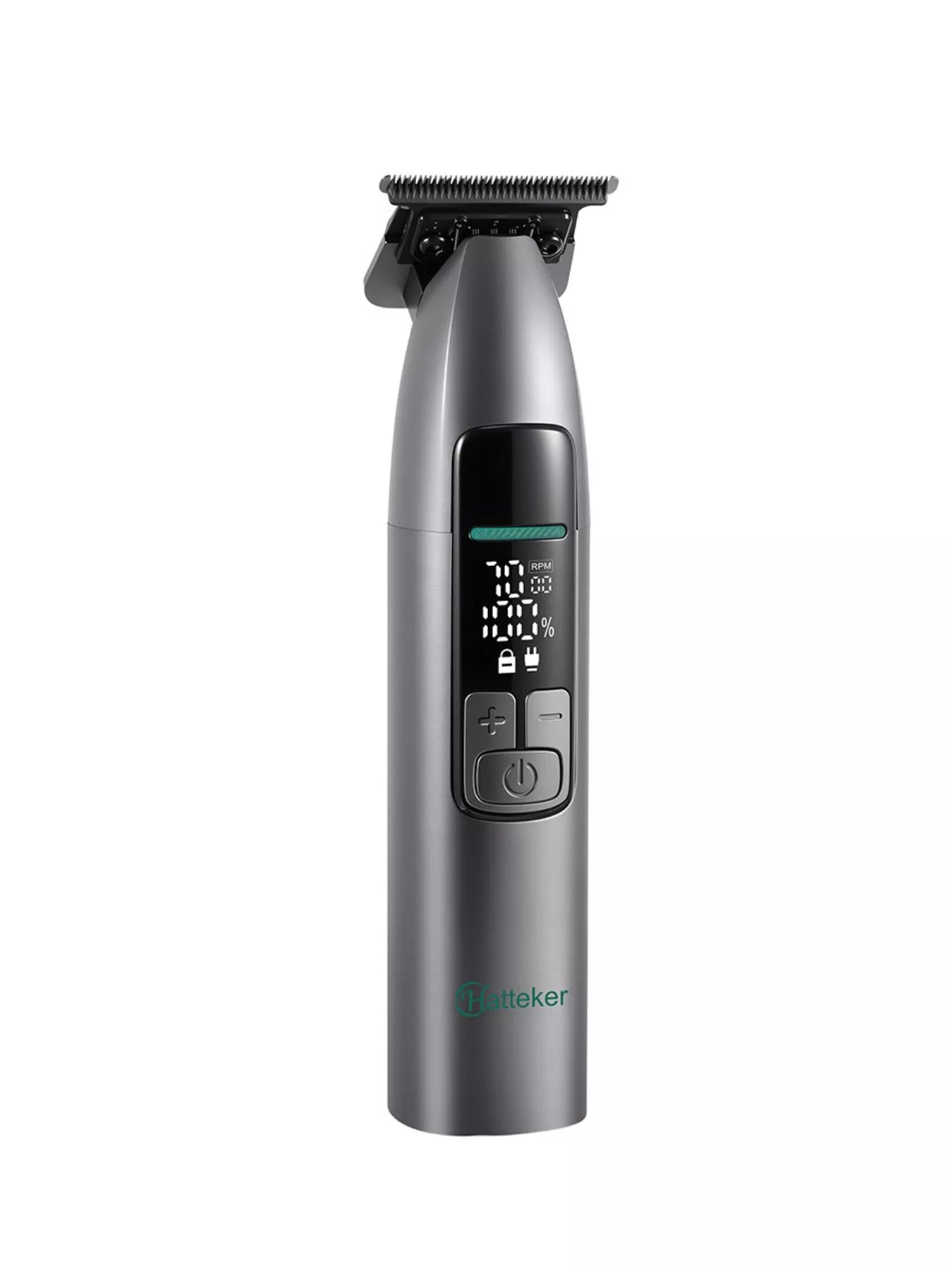 Dark gray cordless hair clipper with LED display from Trendsi, showing adjustable blades and ergonomic design for easy grooming.