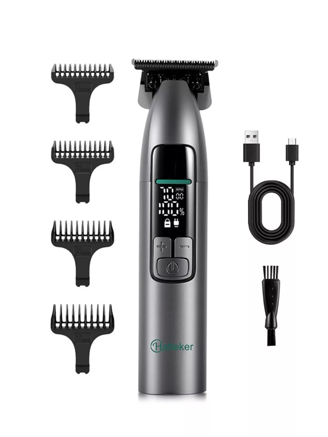 Dark gray cordless hair clipper from Trendsi with LED display, compact design, and adjustable blades for precise haircutting.