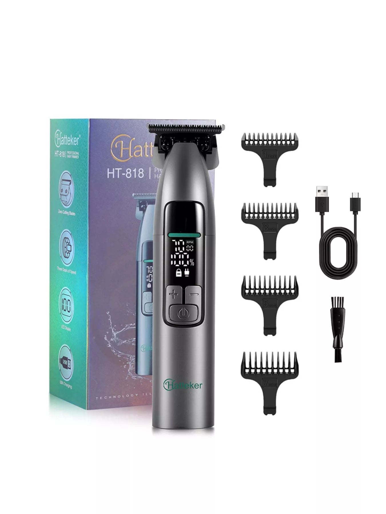 Dark gray cordless hair clipper with LED display from Trendsi, showing adjustable blade settings and ergonomic design.