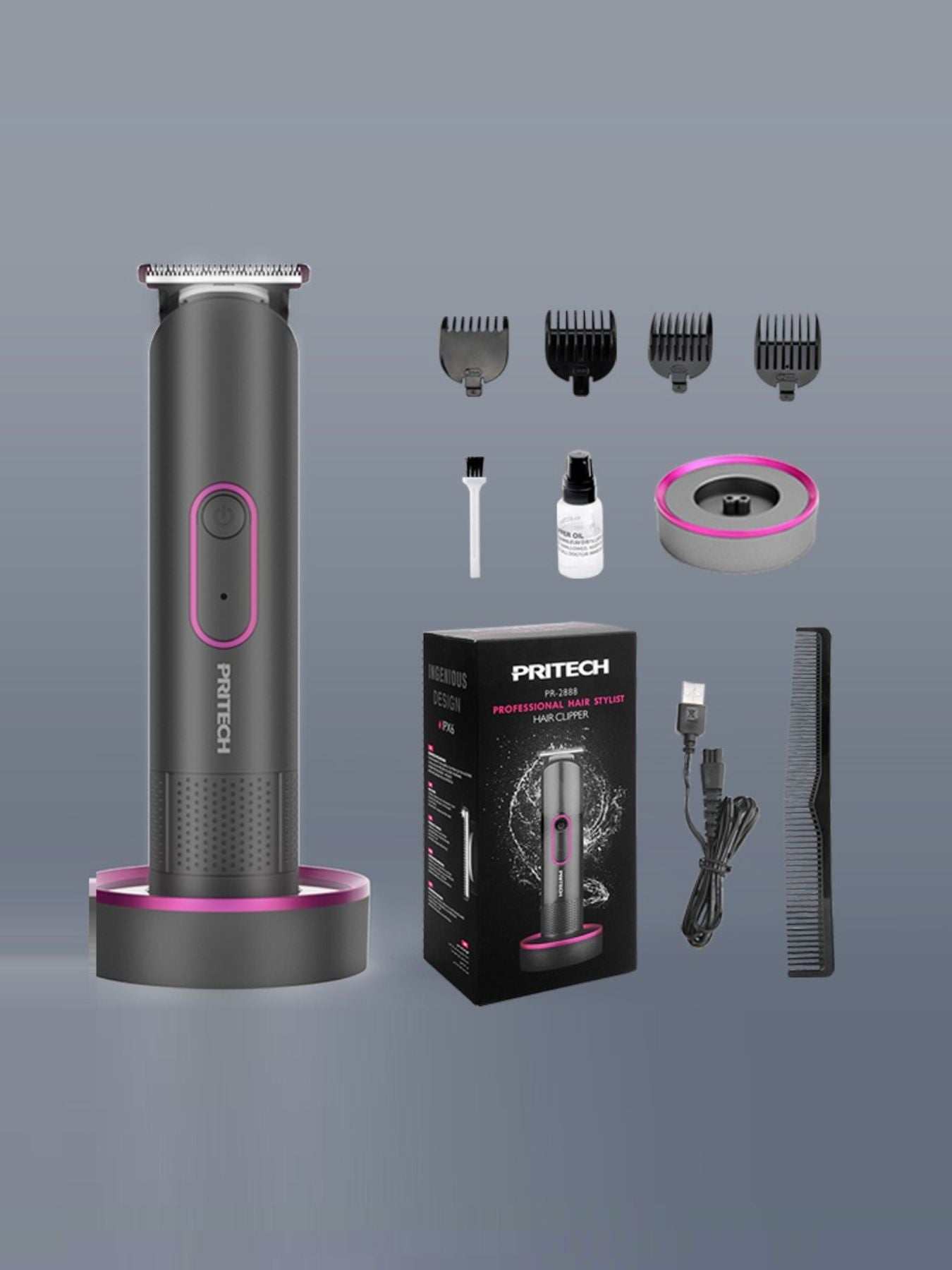 Dark gray cordless rechargeable hair clipper from Trendsi, shown with sleek design and adjustable blades for easy grooming.