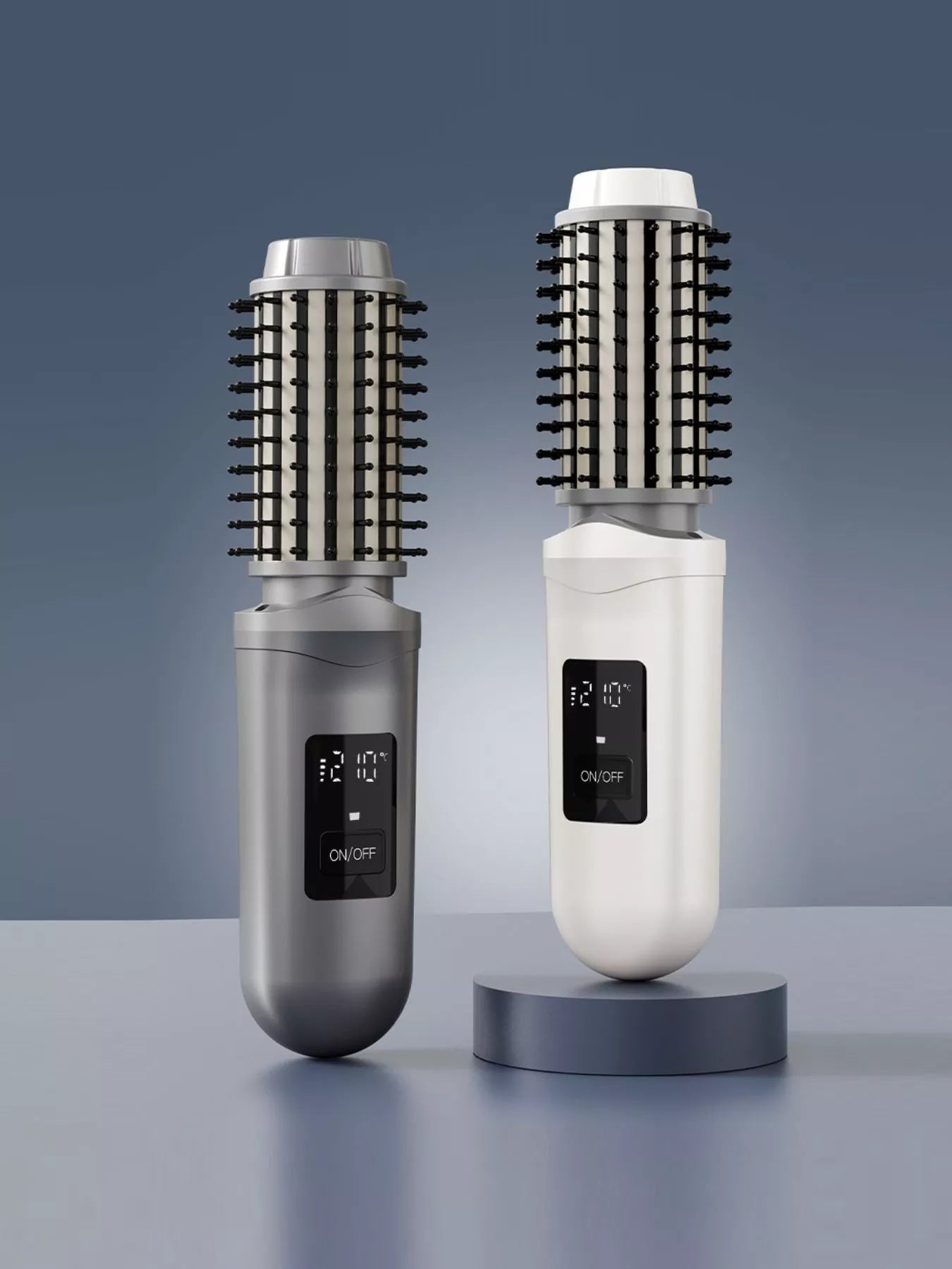 Dark gray portable hot air brush by Trendsi, compact styling tool with ergonomic handle for easy hair drying and styling.