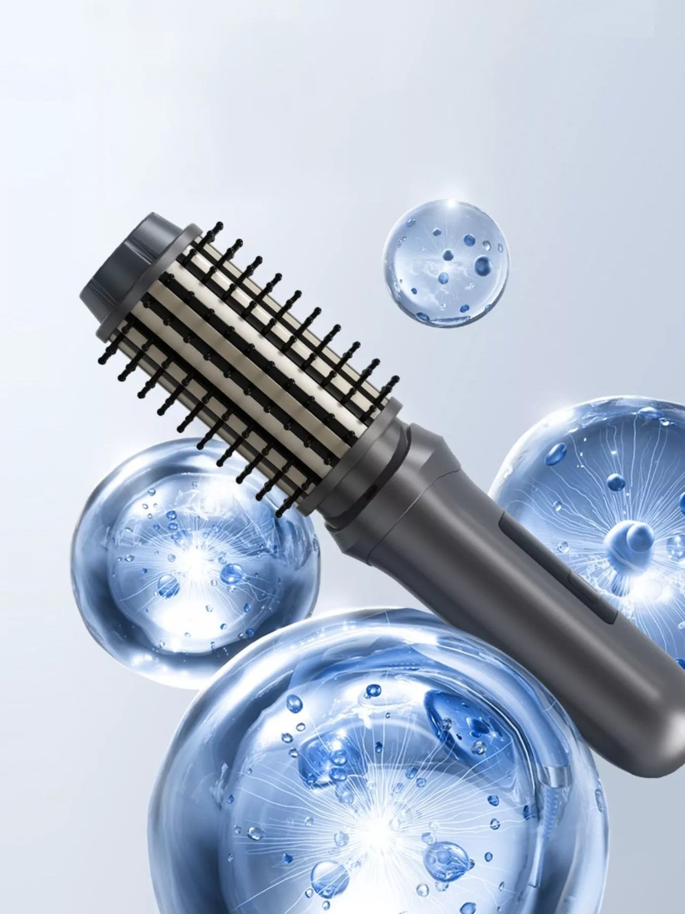 Dark gray portable hot air brush from Trendsi, showcasing its compact design and styling nozzle for easy hair drying and styling.