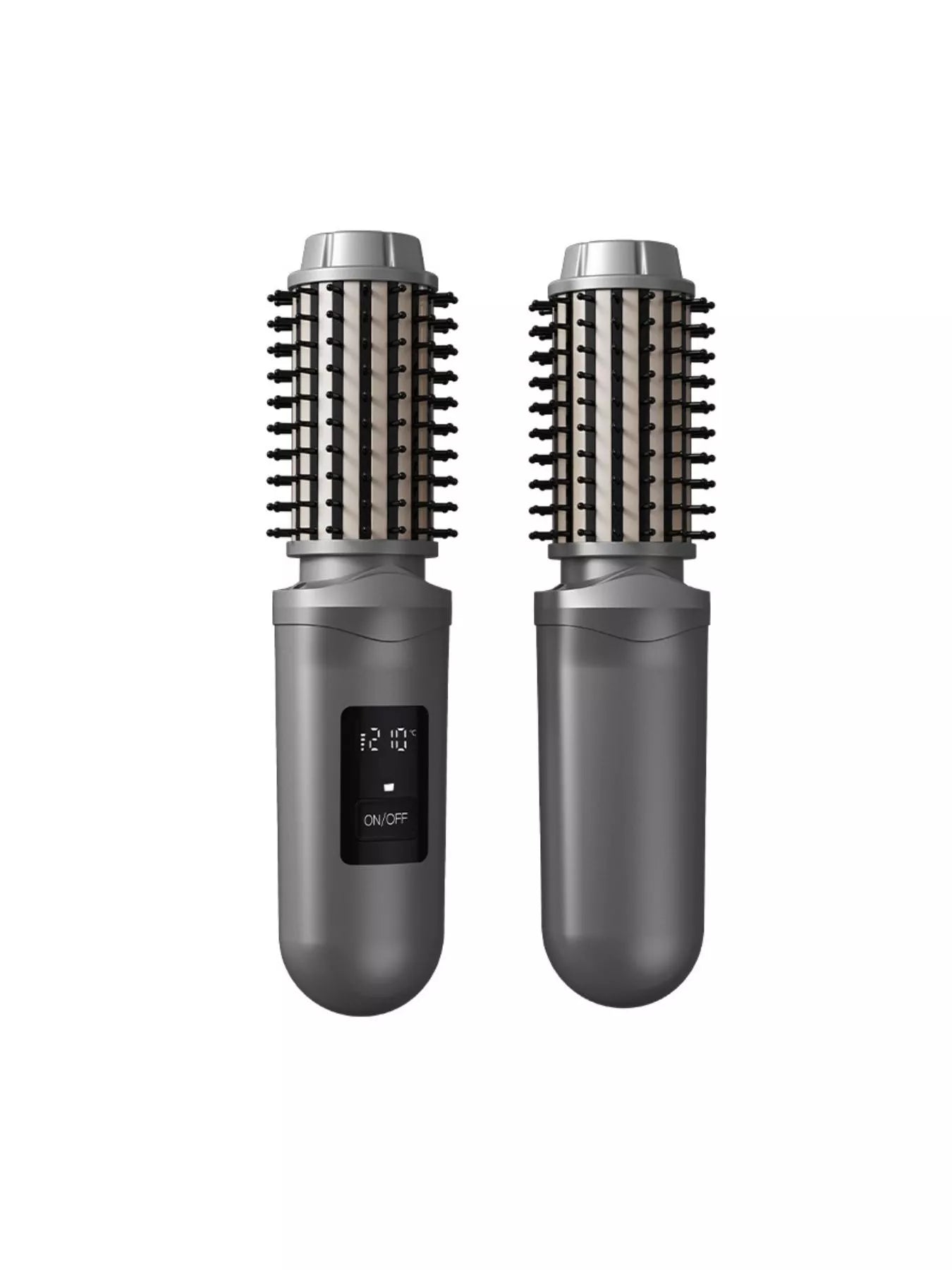 Dark gray portable hot air brush by Trendsi, compact styling tool with a handle and nozzle for easy hair drying and styling.