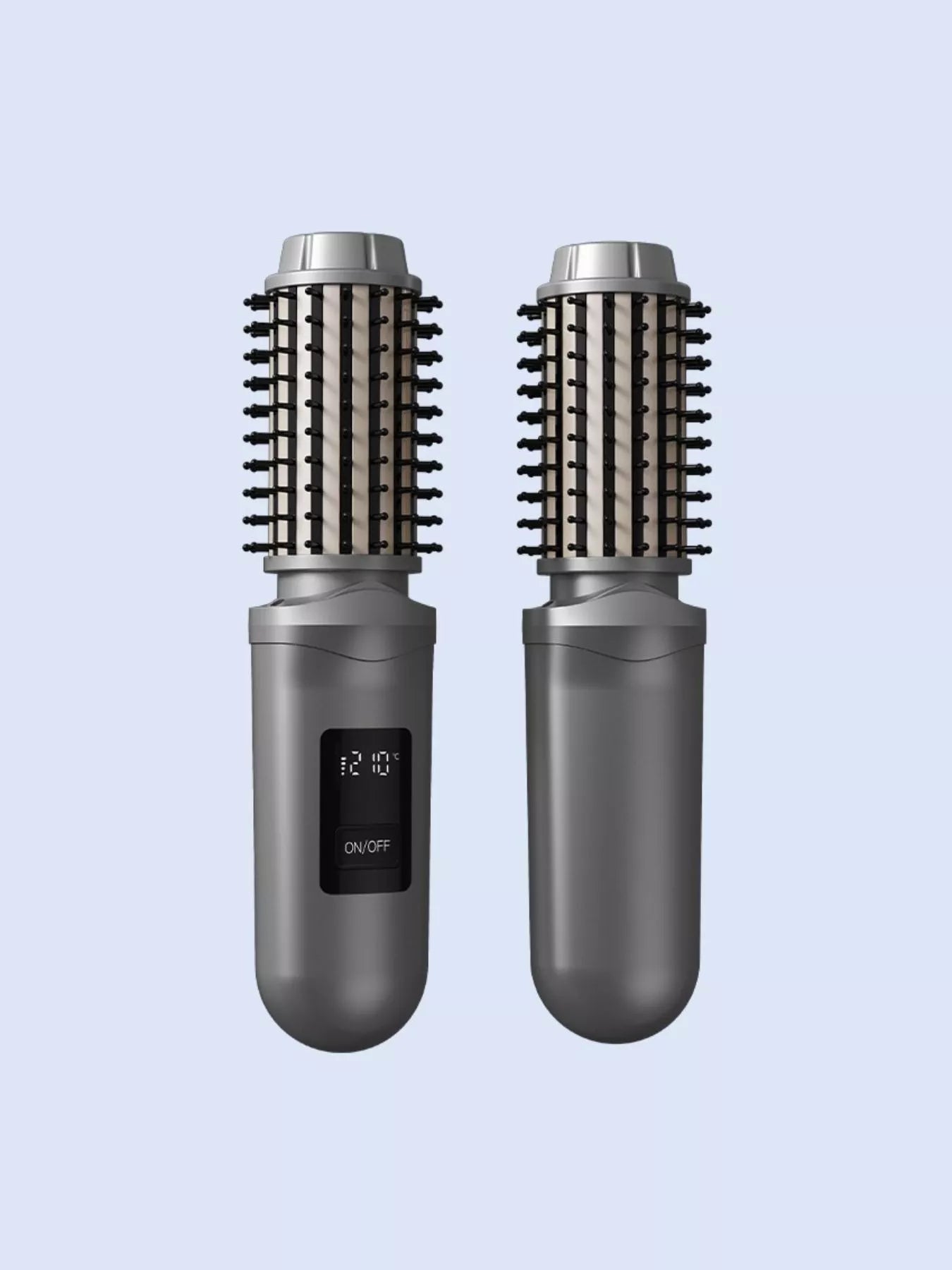 Dark gray portable hot air brush by Trendsi, compact styling tool with a handle and airflow vents for easy hair styling.