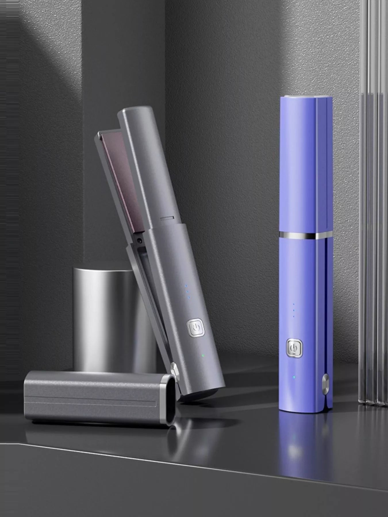 Dark gray portable rechargeable hair straightener by Trendsi, compact and sleek for easy styling on the go.