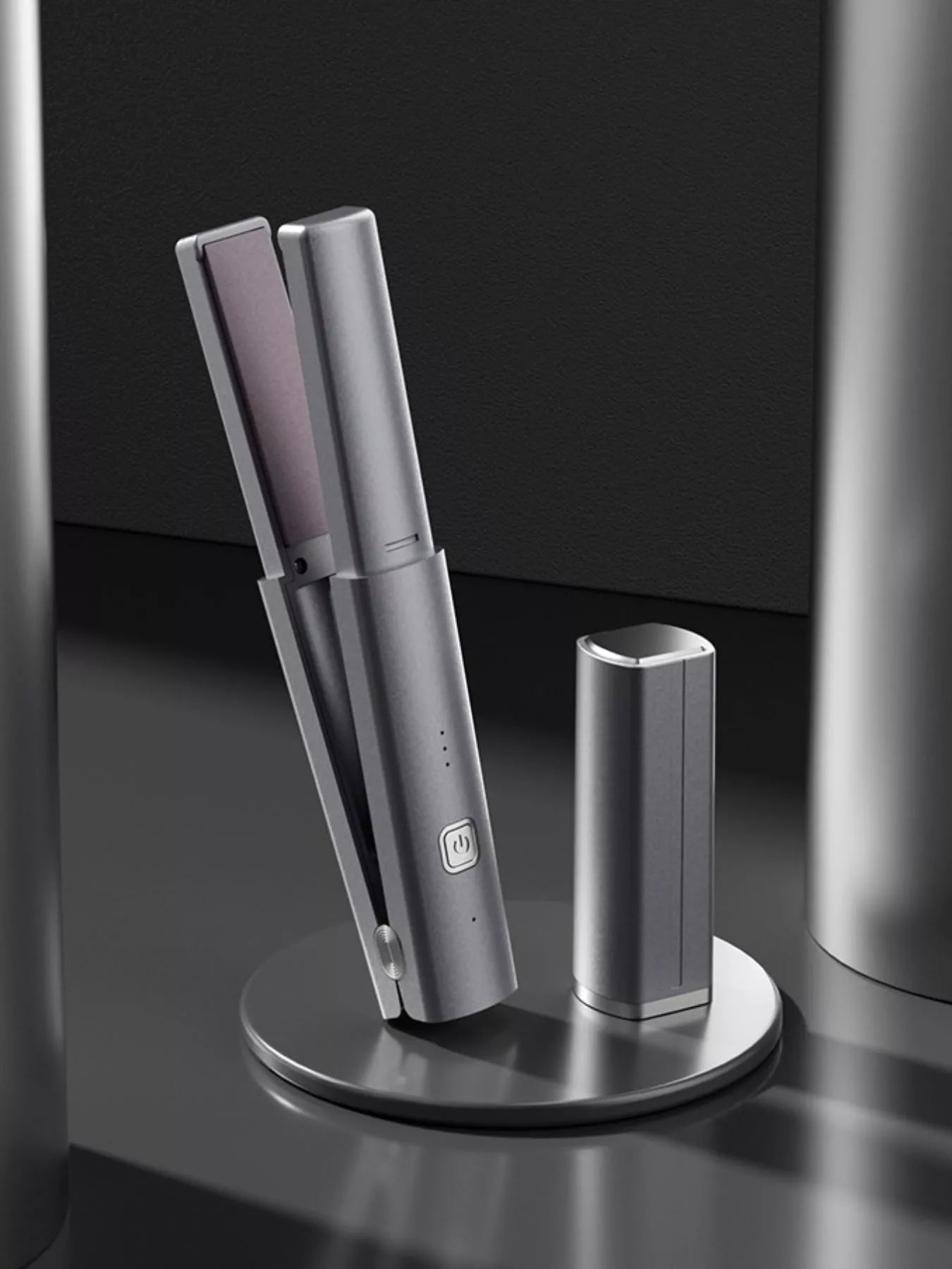 Dark gray portable rechargeable hair straightener from Trendsi, compact and easy to use for quick styling on the go.