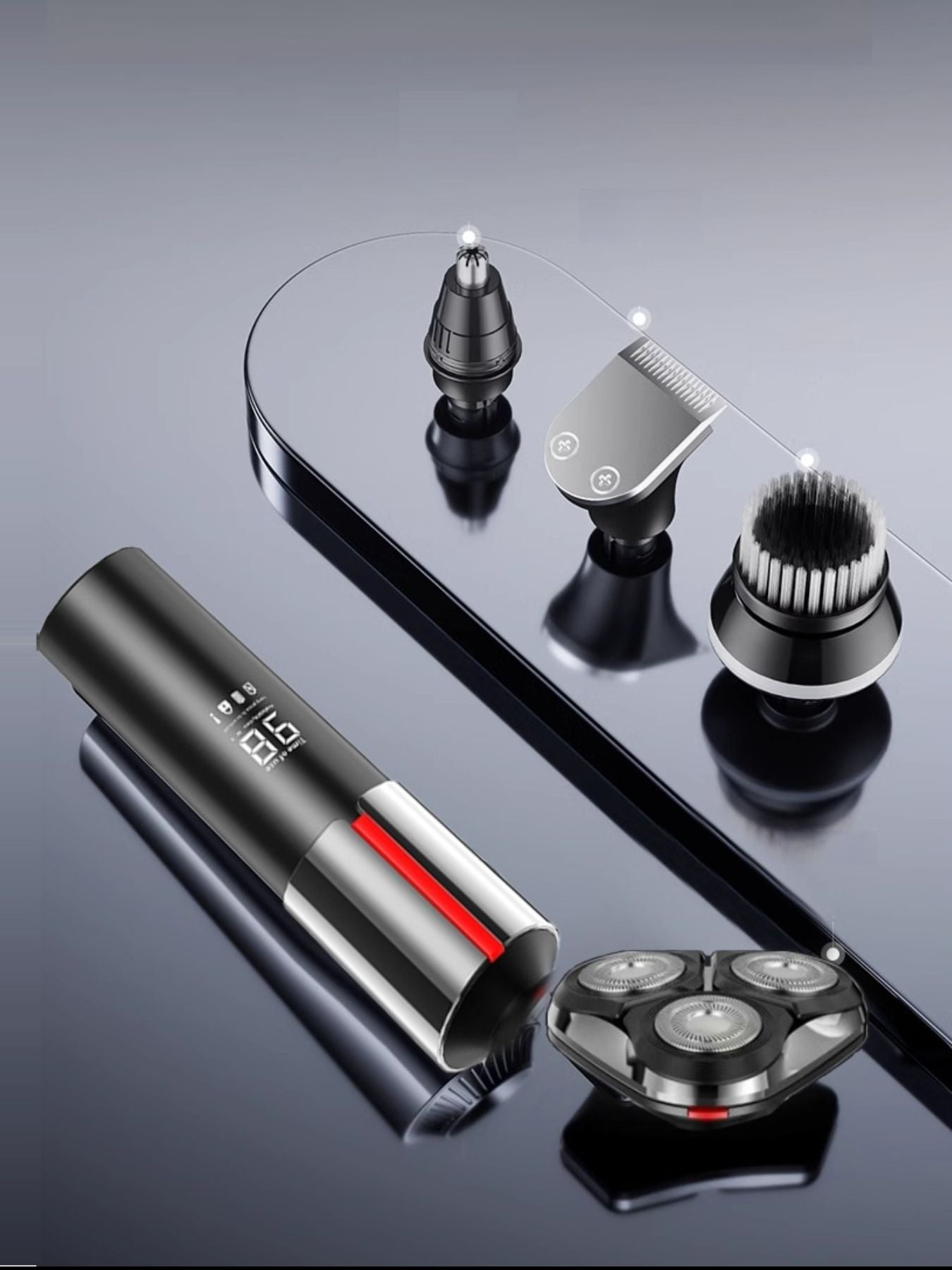 Dark gray rechargeable electric shaver by Trendsi with a sleek design and adjustable head for close shaving.