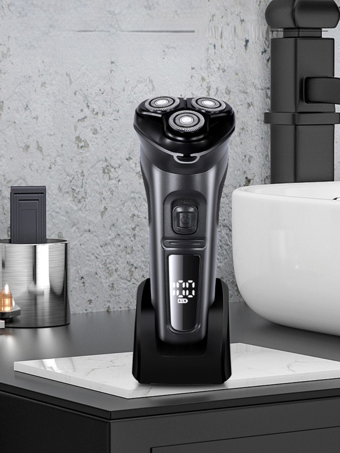 Dark gray rechargeable rotary electric shaver from Trendsi with LED display and ergonomic design for smooth grooming.