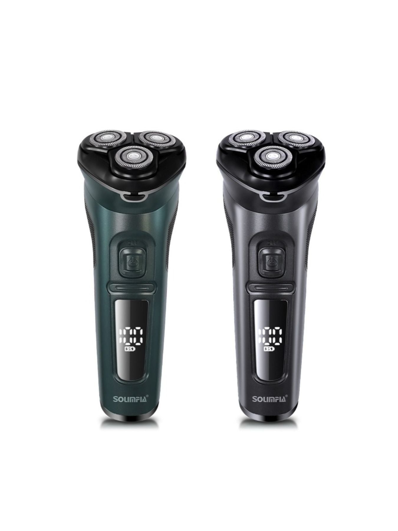 Dark gray rechargeable rotary electric shaver with LED display, showing a sleek design and multiple grooming heads.