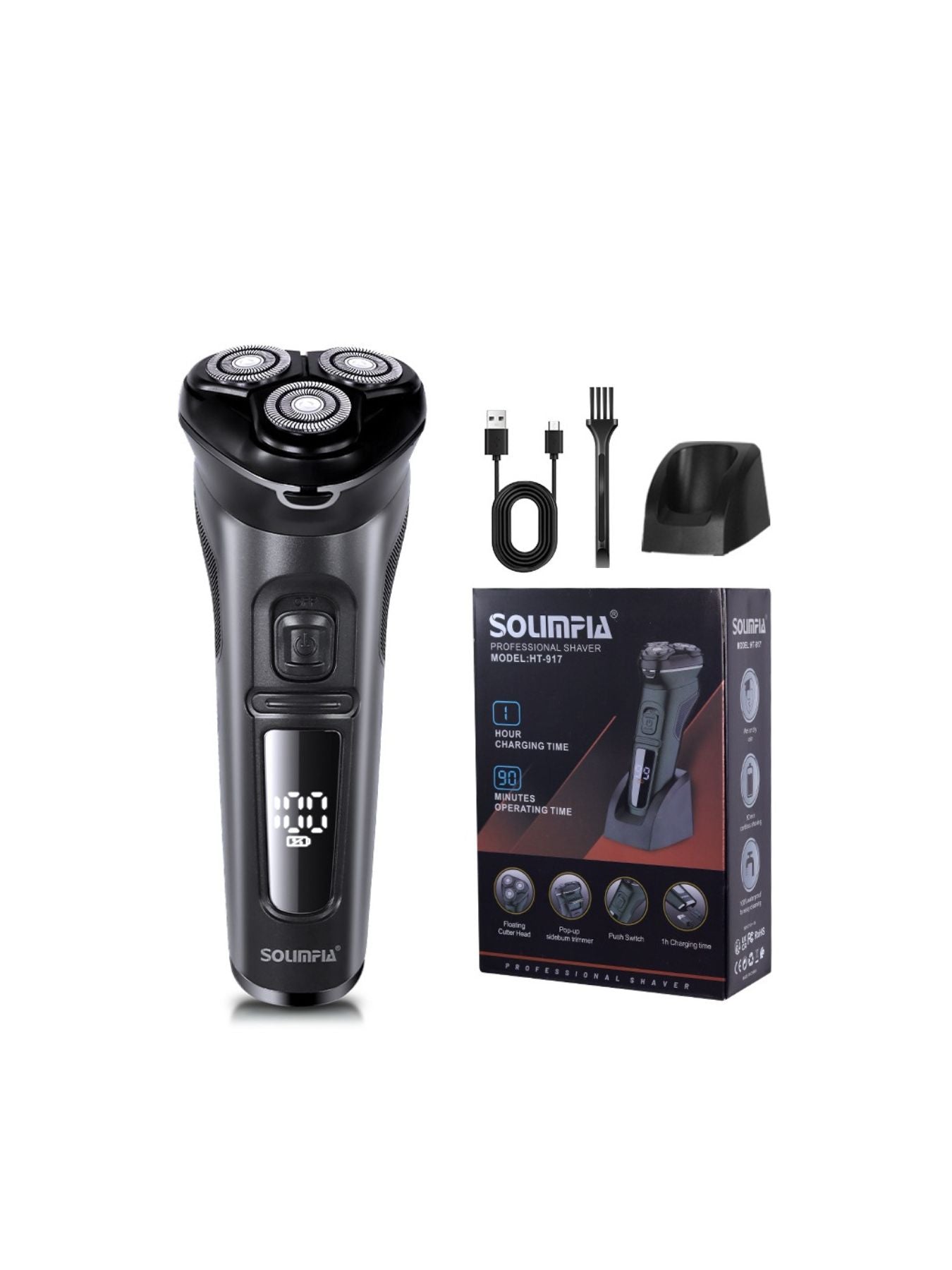 Dark gray rechargeable rotary electric shaver with LED display, showing close-up of shaving head and control panel.