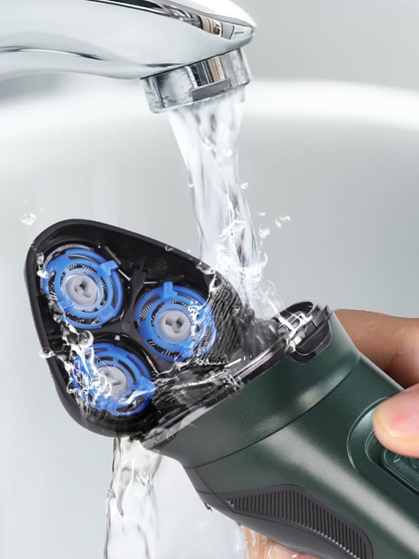 Dark gray rechargeable rotary electric shaver with LED display, compact design, and ergonomic handle from Trendsi.