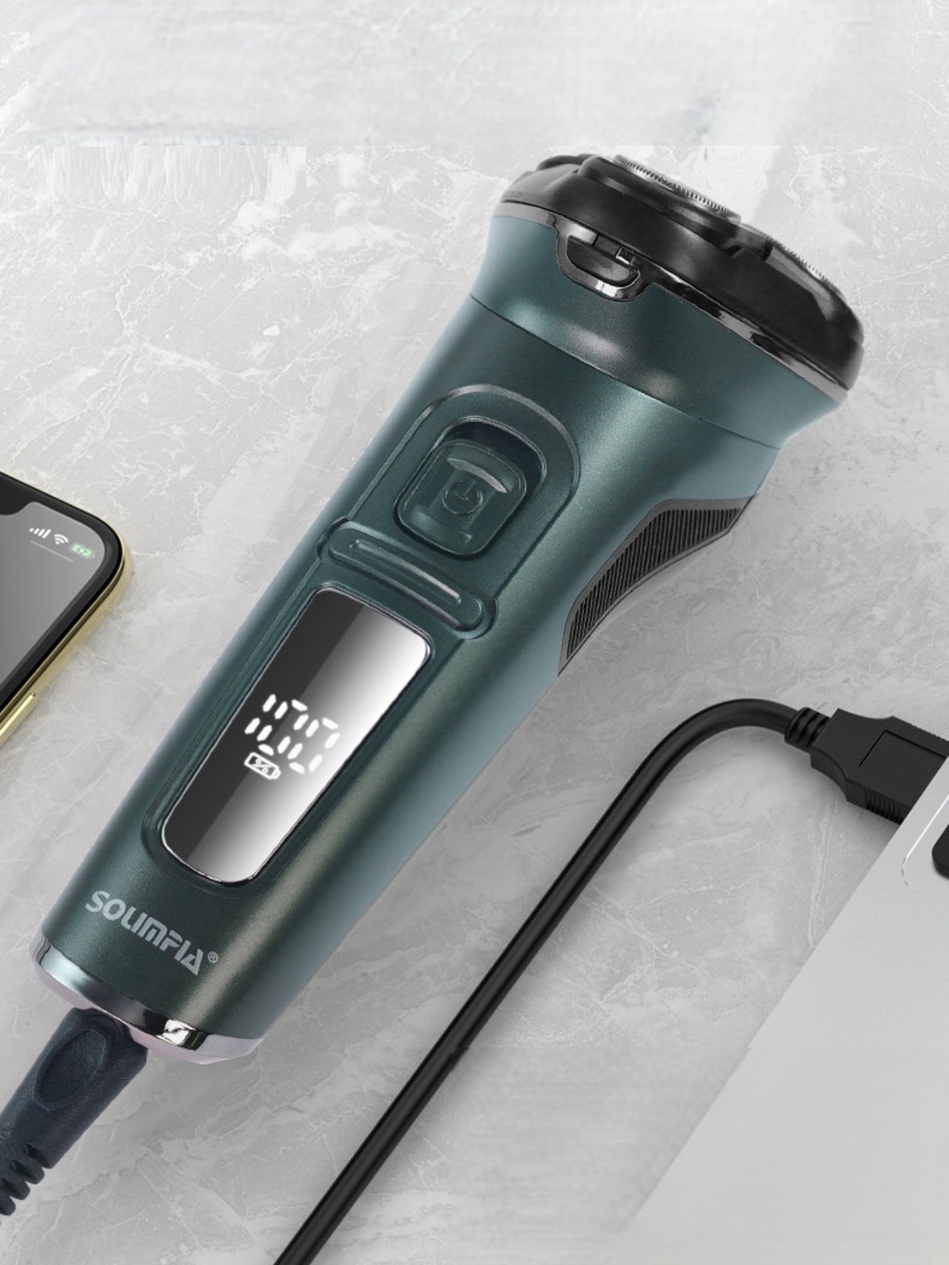 Dark gray rechargeable rotary electric shaver with LED display, featuring multiple shaving heads and ergonomic design.