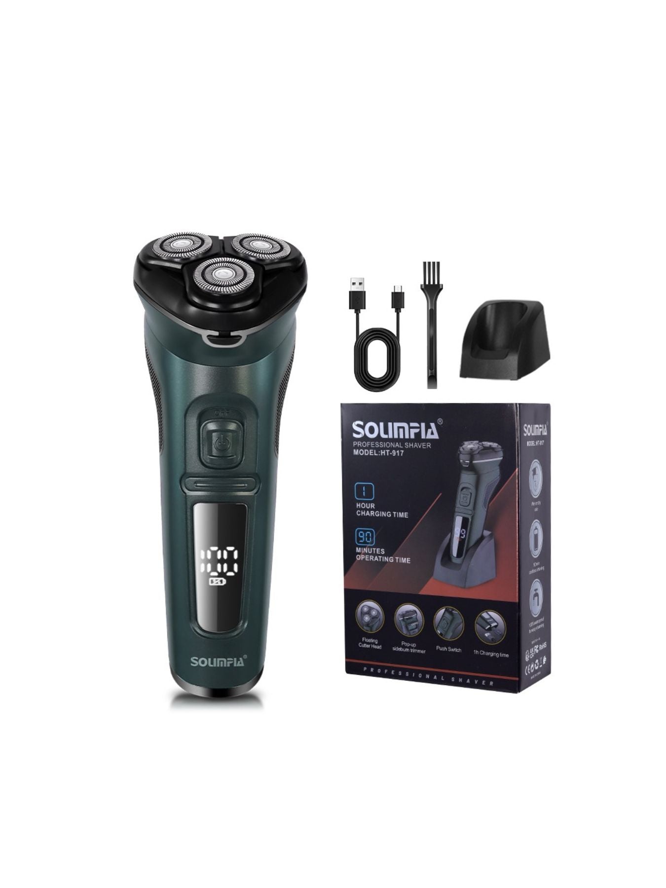 Dark gray rechargeable rotary electric shaver with LED display and ergonomic design, ideal for smooth grooming.