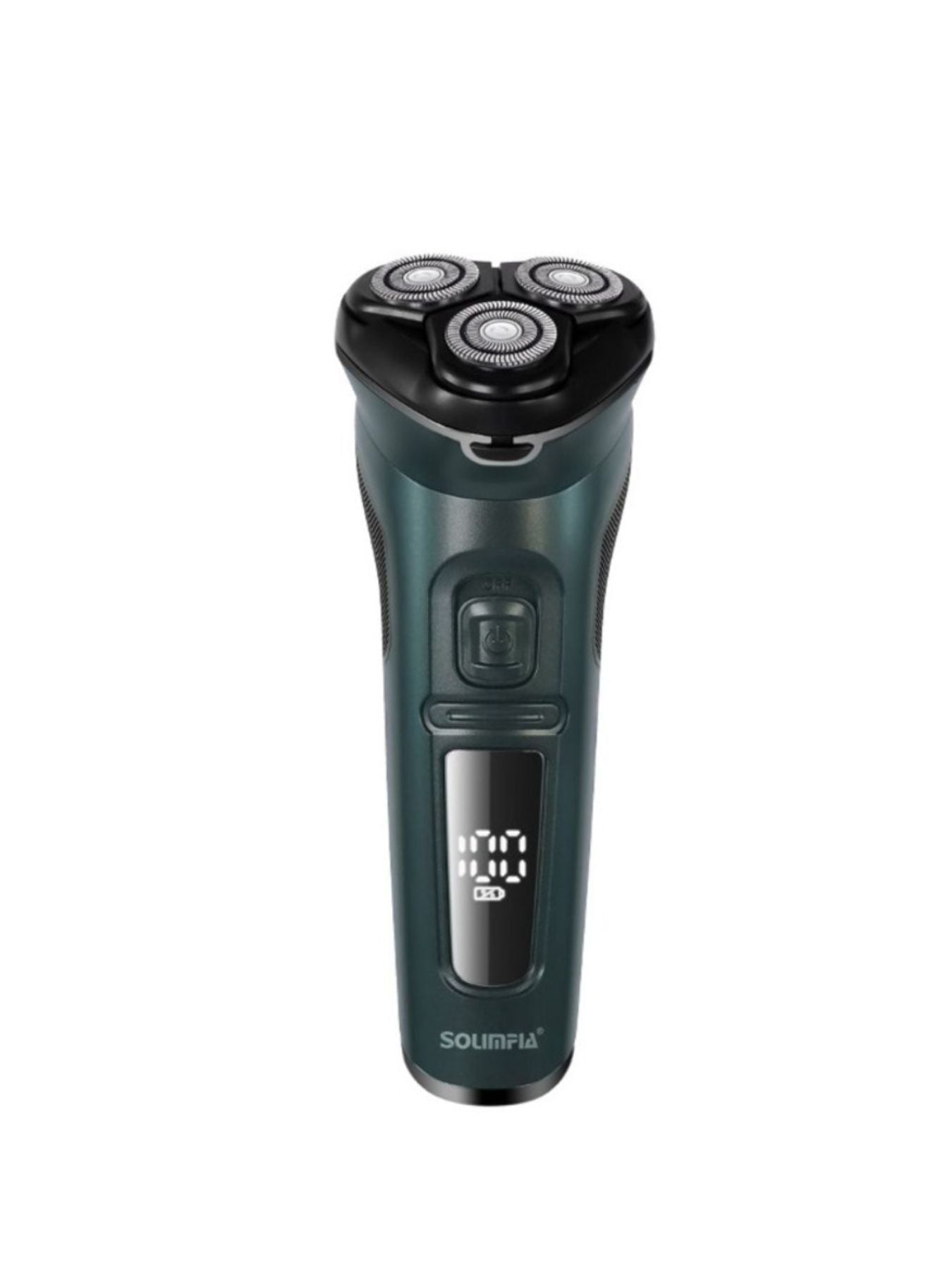 Dark gray rechargeable rotary electric shaver with LED display, designed for smooth grooming by Trendsi.