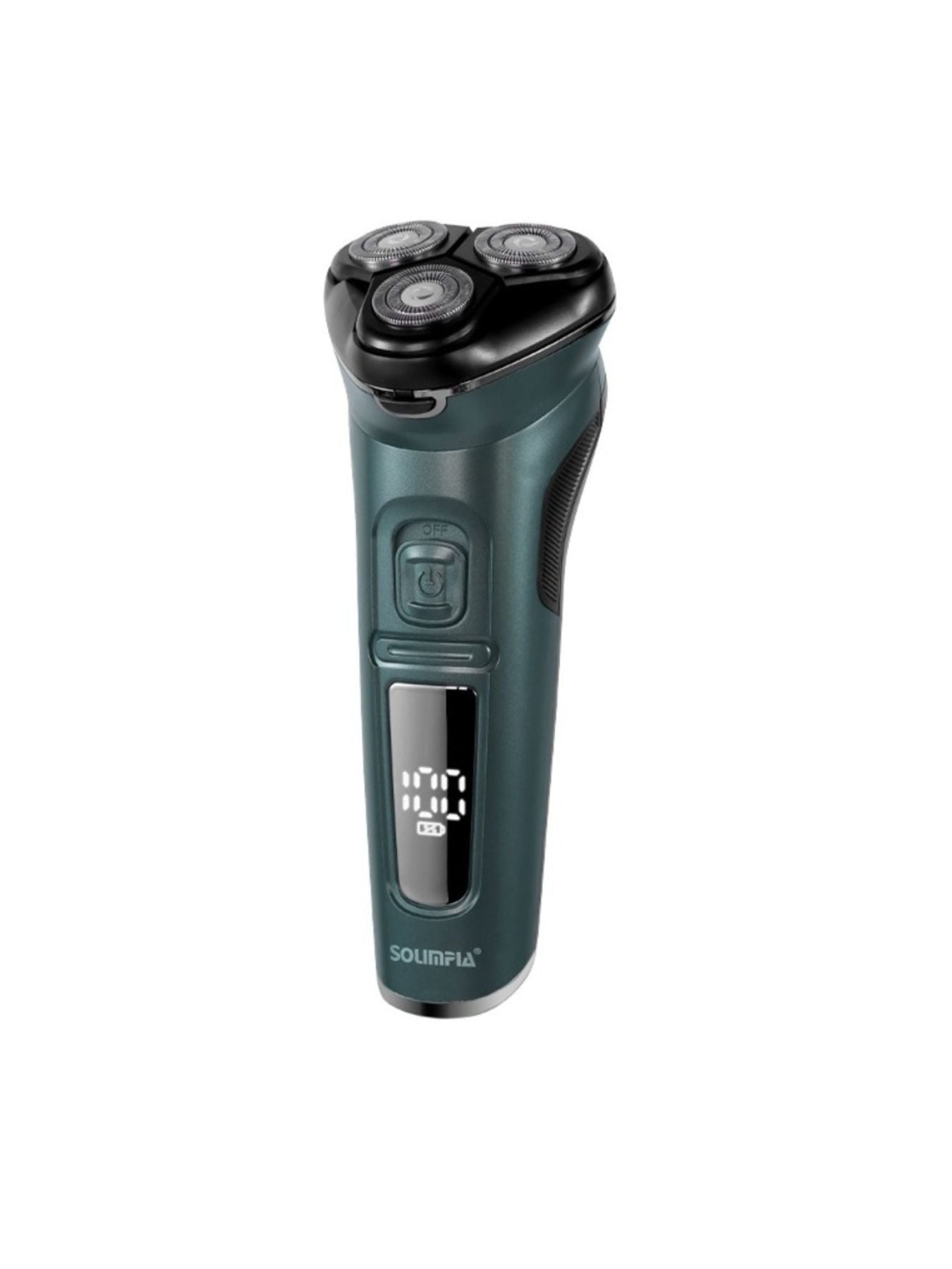 Dark gray rechargeable rotary electric shaver with LED display, compact design, and multiple shaving heads for a smooth shave.