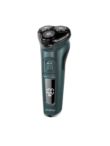 Dark gray rechargeable rotary electric shaver with LED display, compact design, and multiple shaving heads for a smooth shave.
