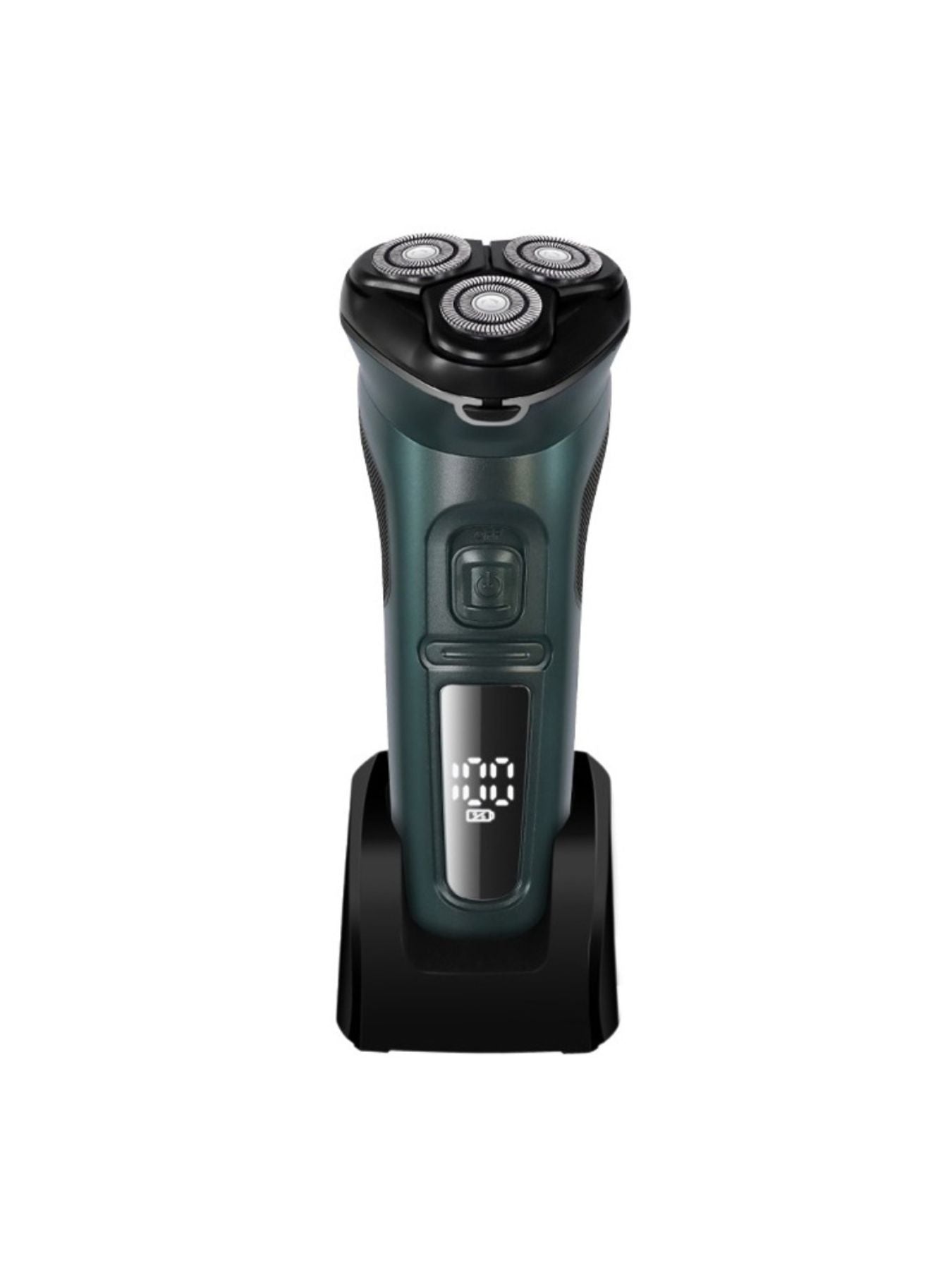 Dark gray rechargeable rotary electric shaver with LED display, featuring multiple shaving heads and ergonomic design.