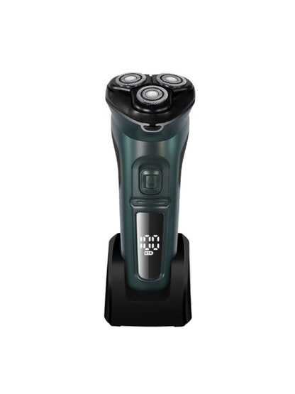 Dark gray rechargeable rotary electric shaver with LED display, featuring multiple shaving heads and ergonomic design.