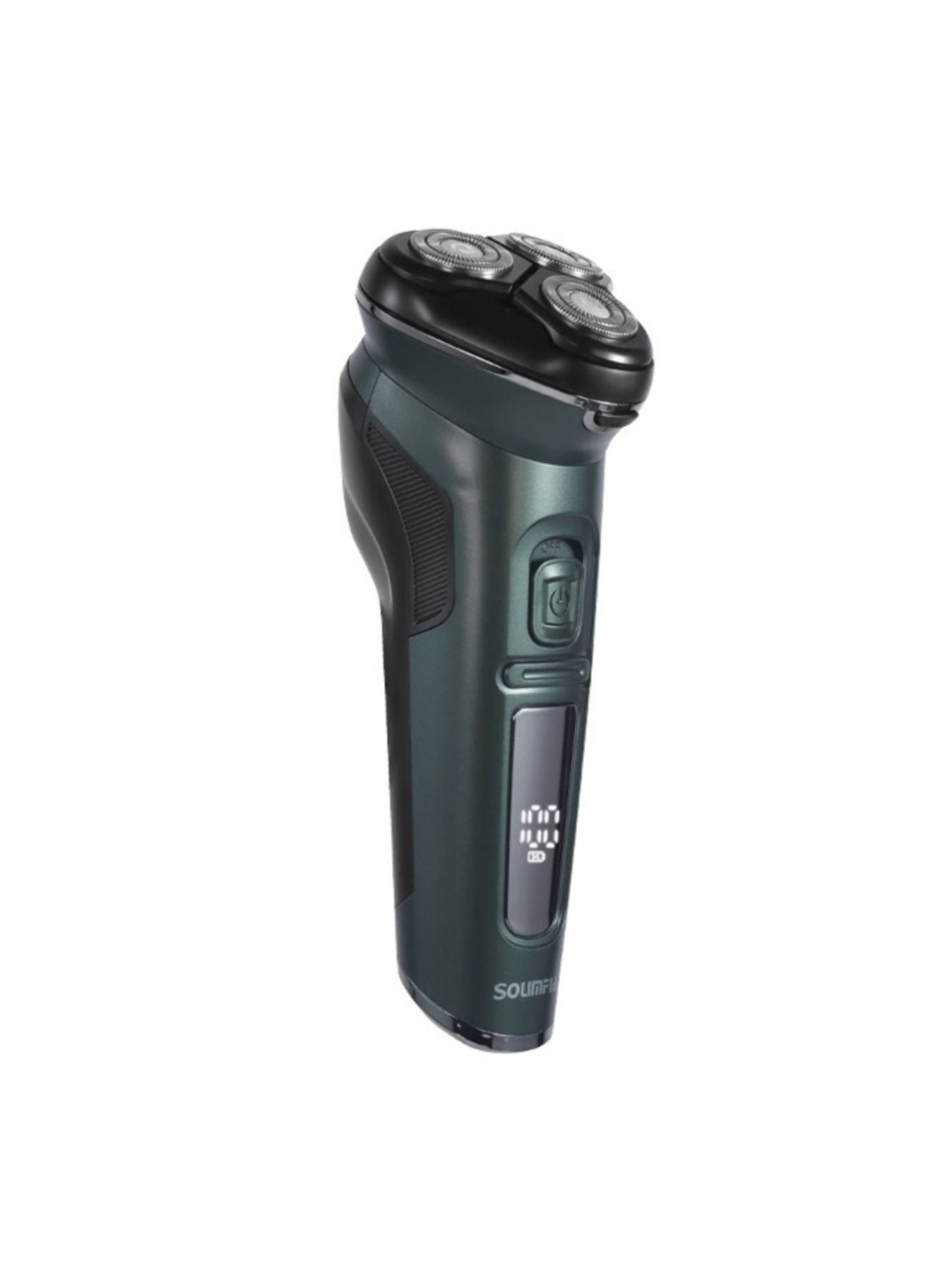 Dark gray rechargeable rotary electric shaver with LED display, compact design, and multiple shaving heads.