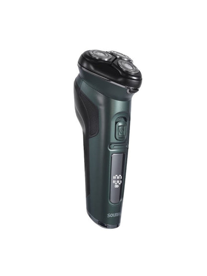 Dark gray rechargeable rotary electric shaver with LED display, compact design, and multiple shaving heads.