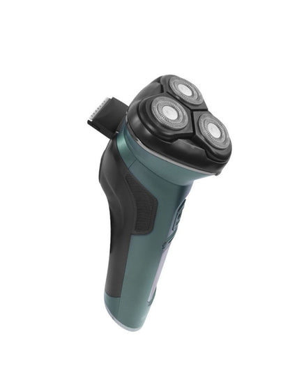 Dark gray rechargeable rotary electric shaver with LED display, Trendsi brand, showcasing close-cutting rotary blades and ergonomic design.
