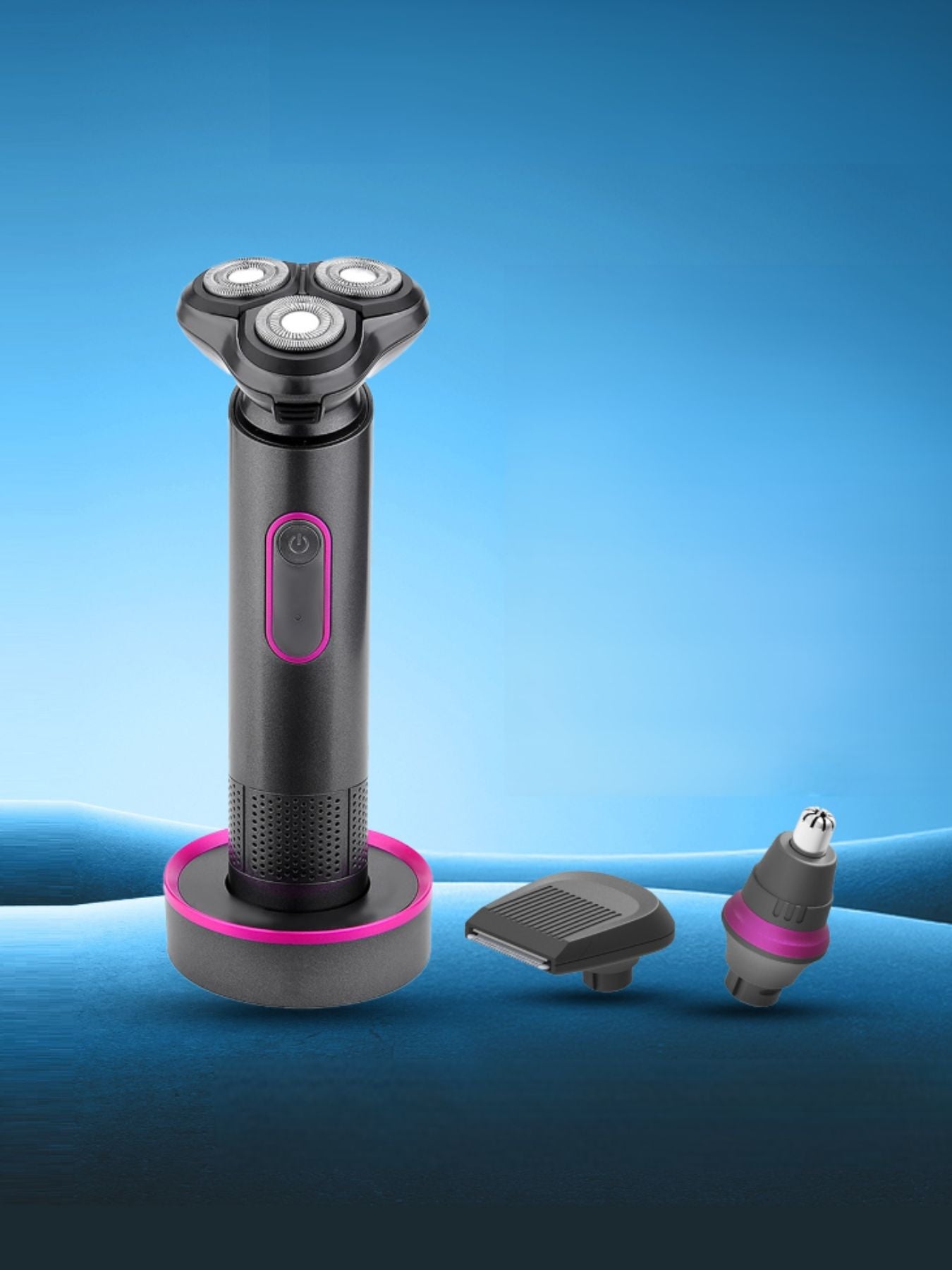 Dark gray rechargeable rotary shaver by Trendsi with multiple rotary blades and ergonomic handle for a close, comfortable shave.