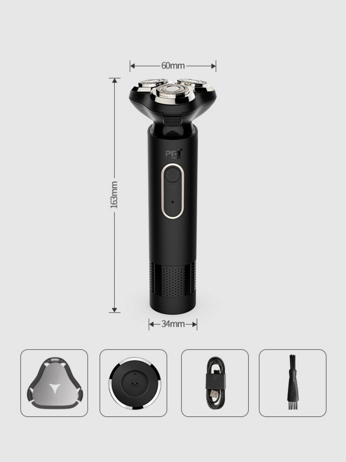 Dark gray Trendsi rechargeable rotary shaver with multiple rotary blades and ergonomic handle for a close, comfortable shave.