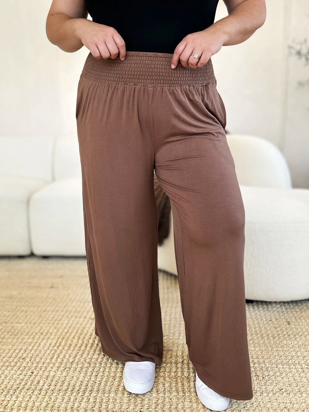 Dark gray Trendsi Basic Bae full-size smocked wide waistband wide-leg pants, casual and comfortable fashion bottom.