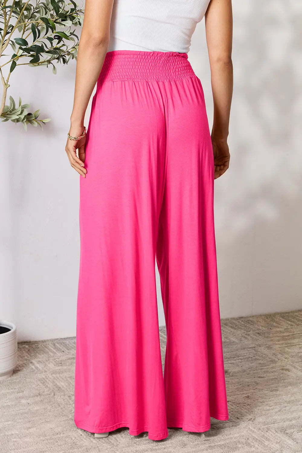 Dark gray Trendsi Basic Bae full-size smocked wide waistband wide-leg pants displayed flat