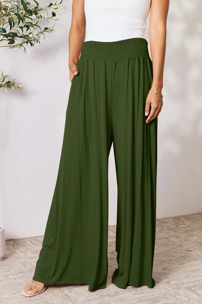 Dark gray Trendsi Basic Bae full-size wide-leg pants with smocked wide waistband and relaxed fit.