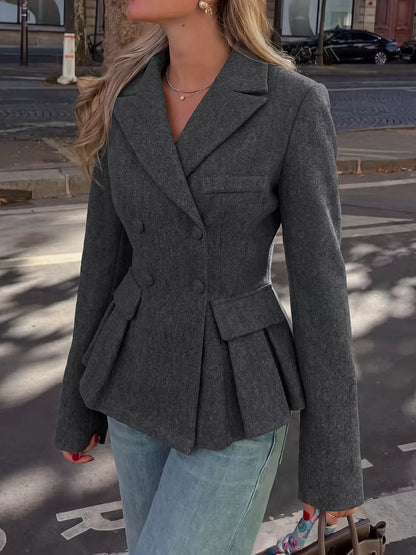 Dark gray double-breasted peplum blazer by Trendsi, featuring structured lapels and tailored fit for a chic, professional look.