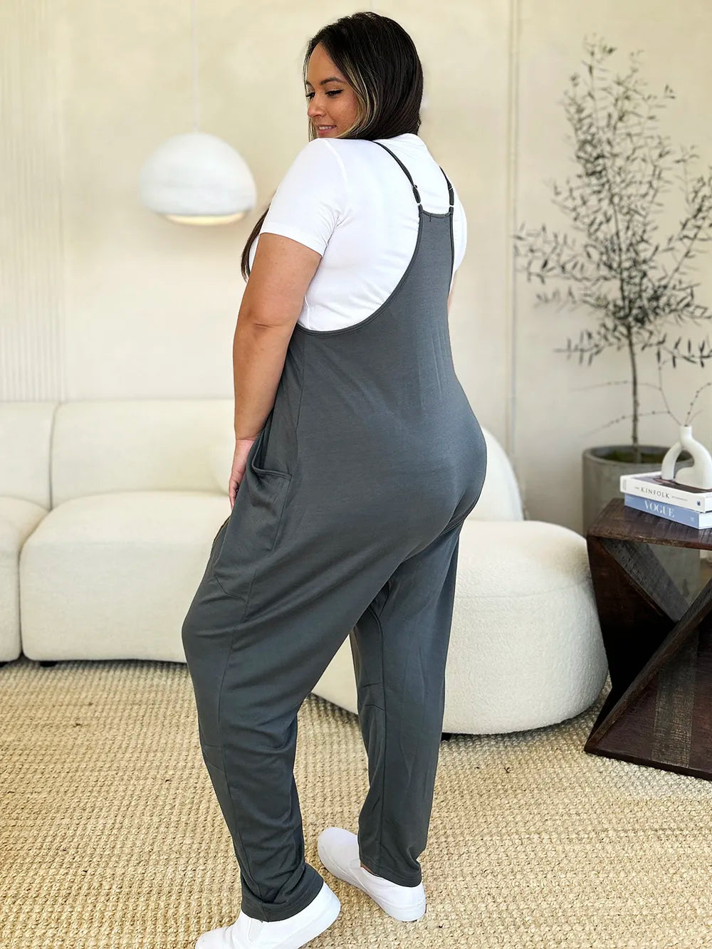 Dark gray Trendsi Double Take sleeveless V-neck jumpsuit with front pockets, full size, casual and comfortable women's outfit.