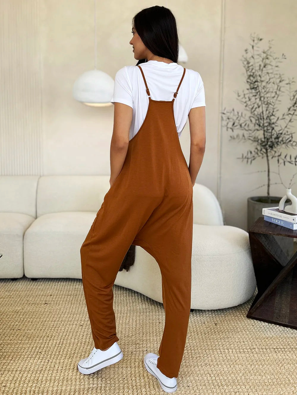 Dark gray Trendsi Double Take sleeveless V-neck jumpsuit with front pockets, full size, casual and stylish for everyday wear.