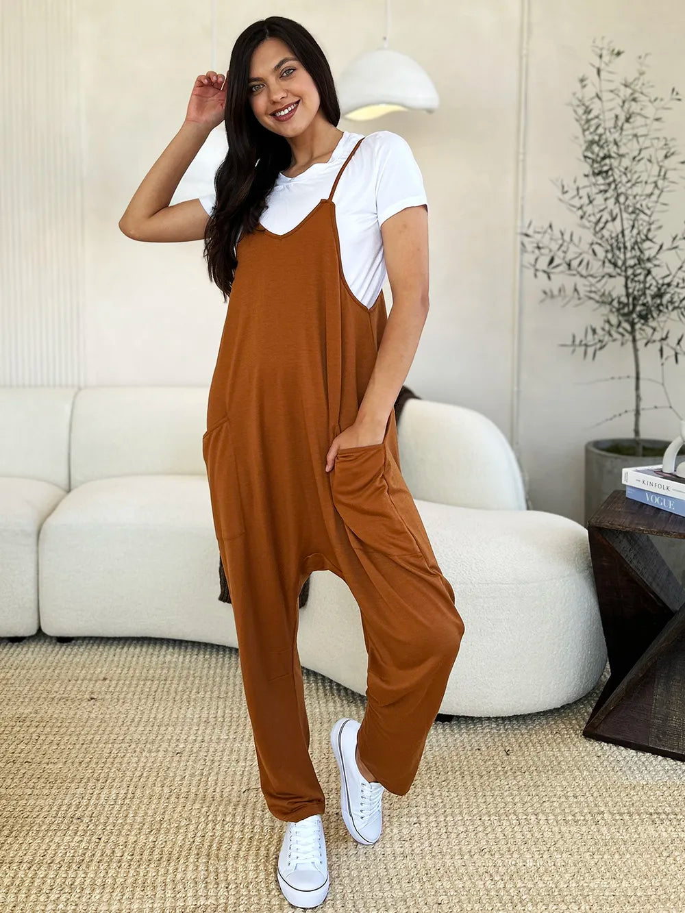 Dark gray Trendsi Double Take sleeveless V-neck jumpsuit with front pockets, full size, casual and stylish women's romper.