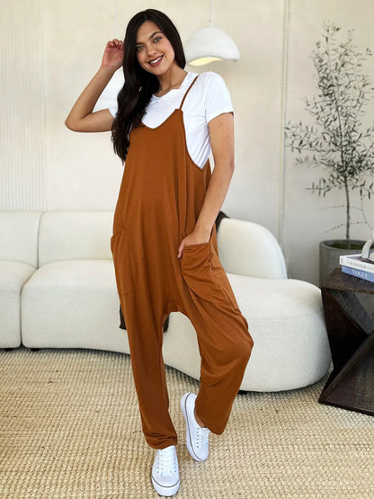 Dark gray Trendsi Double Take sleeveless V-neck jumpsuit with front pockets, full size, casual and stylish women's romper.