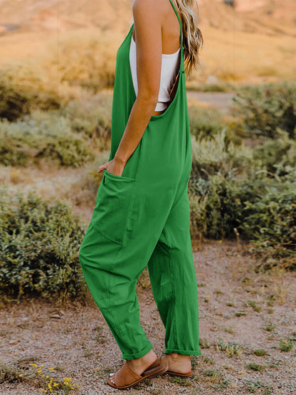 Dark gray Trendsi Double Take sleeveless V-neck jumpsuit with front pockets, full size, casual and stylish for everyday wear.