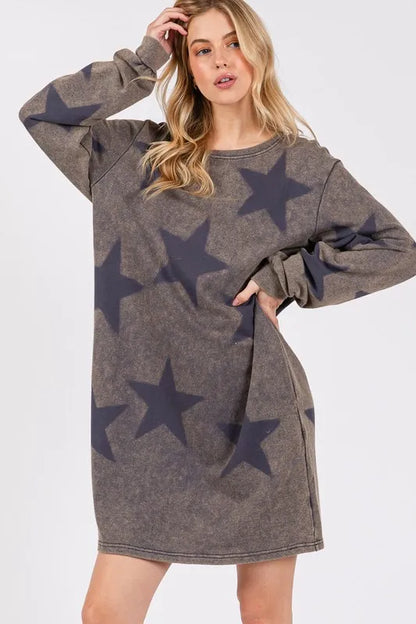 Dark gray Sage + Fig washed star print round neck dress by Trendsi, featuring a casual, comfortable fit with a stylish star pattern.