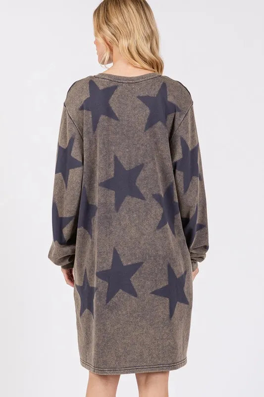 Dark gray Sage and Fig washed star print round neck dress from Trendsi, featuring a relaxed fit and celestial pattern.