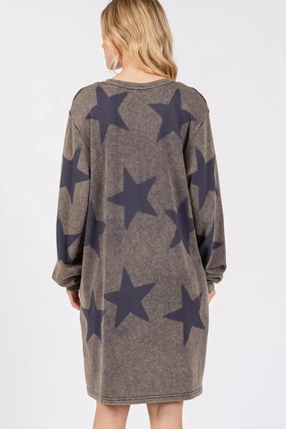 Dark gray Sage and Fig washed star print round neck dress from Trendsi, featuring a relaxed fit and celestial pattern.