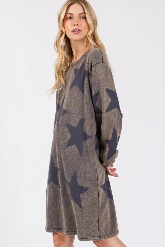 Dark gray Sage + Fig washed star print round neck dress by Trendsi, featuring a relaxed fit and celestial star pattern.