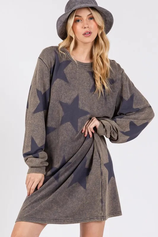 Dark gray SAGE + FIG Washed Star Print Round Neck Dress with long sleeves, casual style, and star pattern from Trendsi.