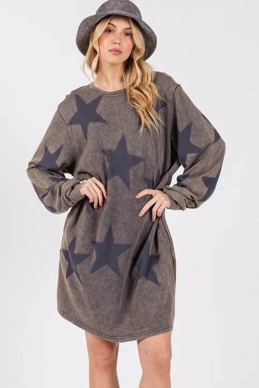 Dark gray Sage and Fig washed star print round neck dress by Trendsi featuring a casual, comfortable fit and celestial-inspired pattern.