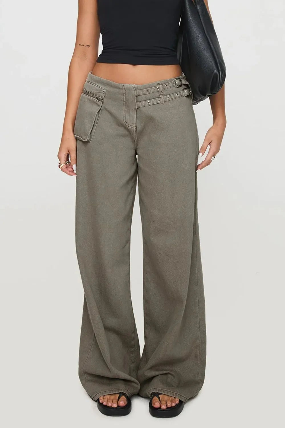 Dark gray wide leg jeans with pockets from Trendsi, featuring a relaxed fit and casual style.