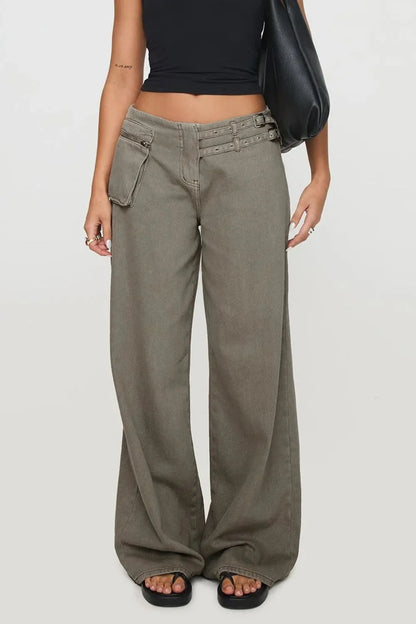 Dark gray wide leg jeans with pockets from Trendsi, featuring a relaxed fit and casual style.