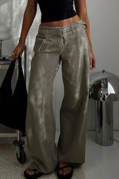 Dark gray wide-leg jeans with pockets from Trendsi, featuring a relaxed fit and classic denim style.