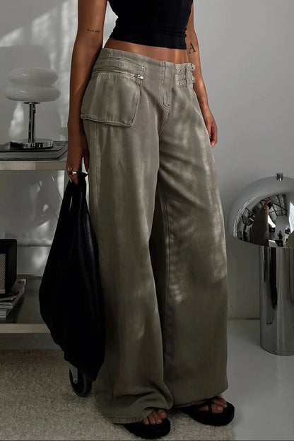 Dark gray wide-leg jeans with pockets from Trendsi, featuring a relaxed fit and casual style.