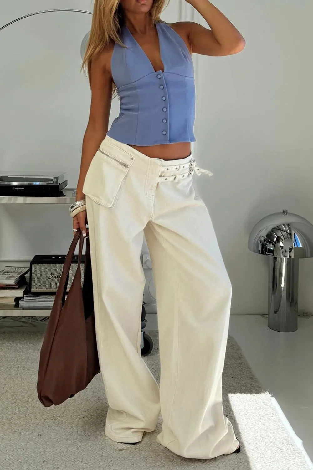 Dark gray wide leg jeans with pockets from Trendsi, featuring a relaxed fit and classic five-pocket design.