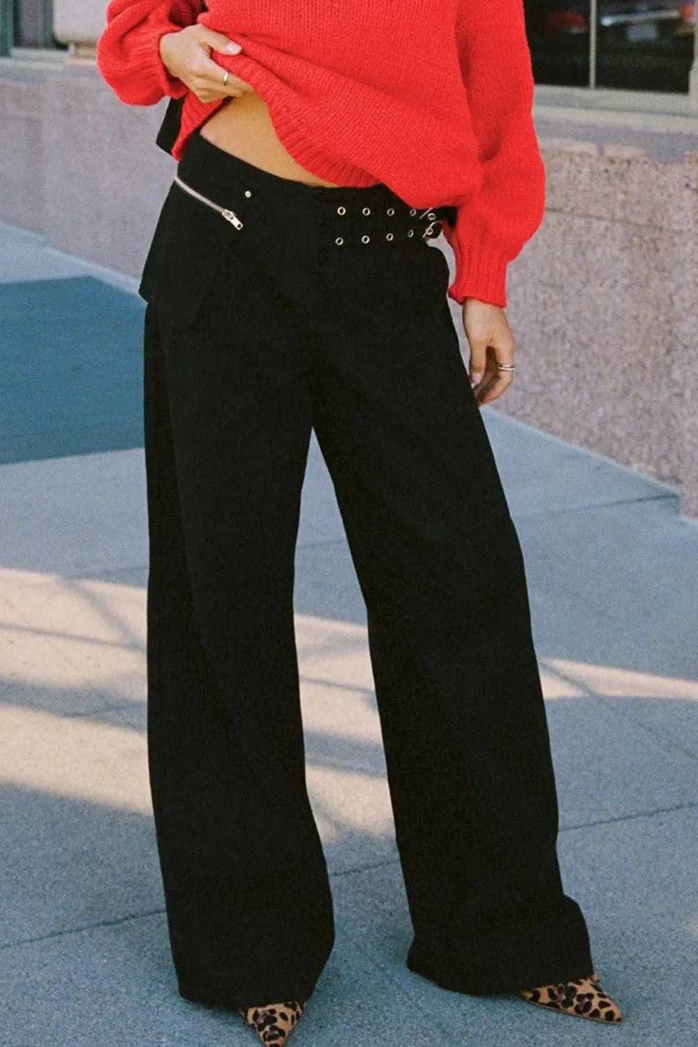 Dark gray wide leg jeans with pockets from Trendsi, showing a relaxed fit and stylish design.